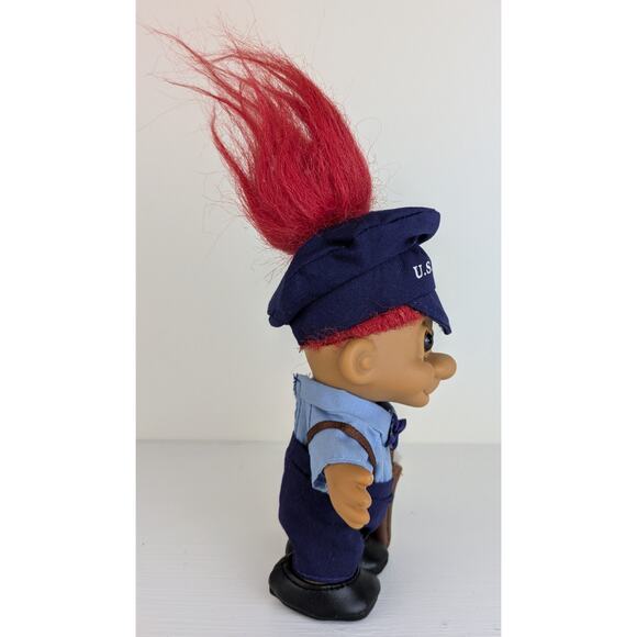 Vintage Russ Troll Doll Mailman 5" Red Hair Blue Uniform Cap Brown Mailbag - Picture 4 of 5